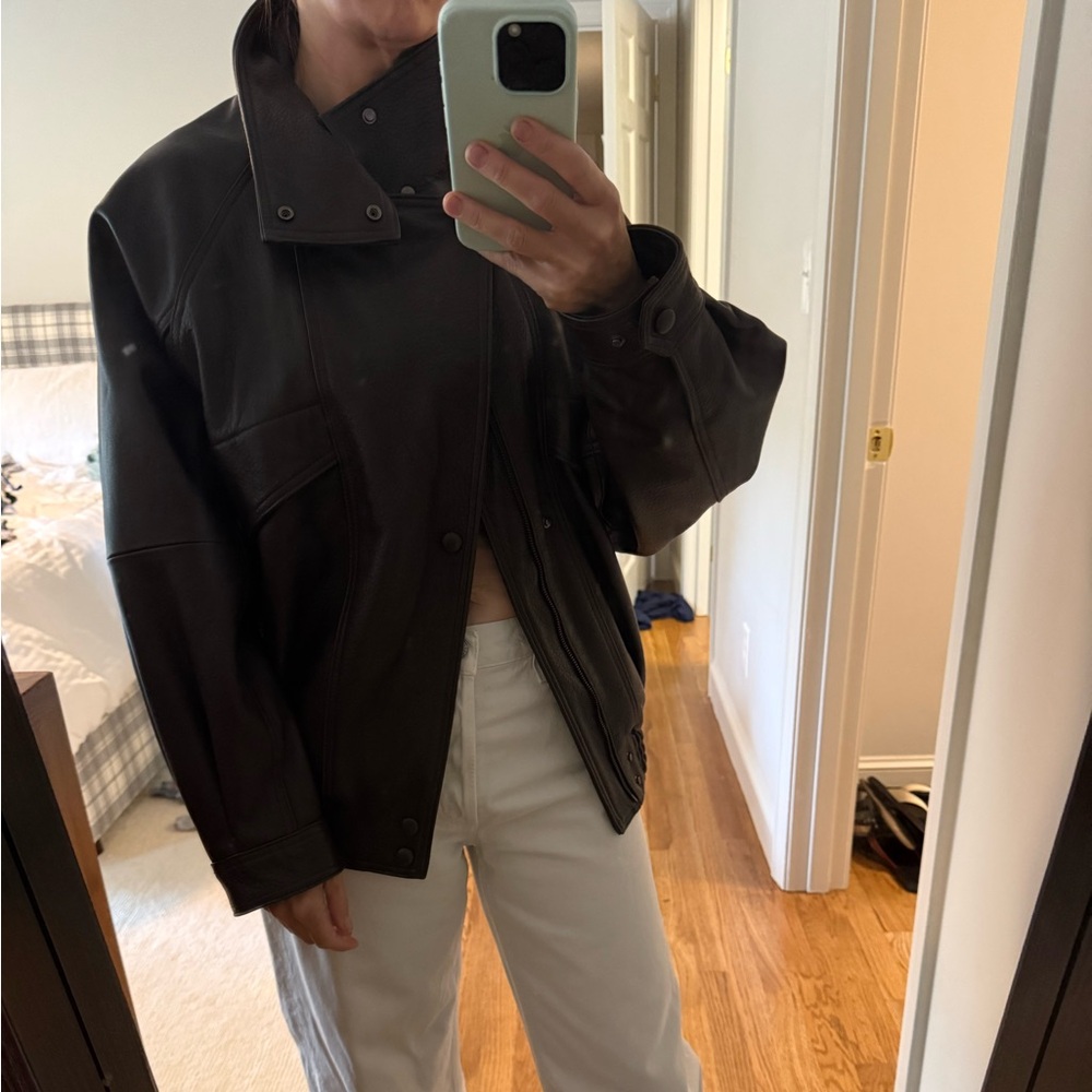 Brown Funnel Neck Leather Jacket - Oversized Style
